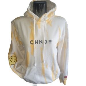 CHNGE Cream and Yellow Tie-Dye Graphic Peace Pullover Organic Cotton Hoodie L